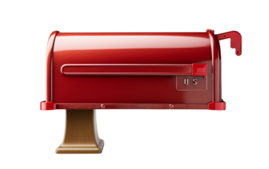 A vibrant red mailbox with the letters U S stands proudly against a backdrop of blue sky
