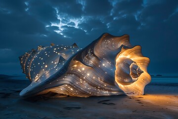 : A seashell as vast as a cathedral, bathed in the light of bioluminescent plankton at night.