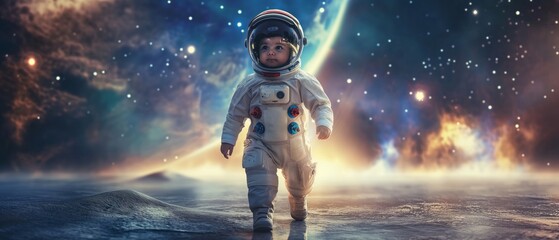 Baby astronaut wearing Extravehicular Mobility Unit and helmet walking in outer space - obrazy, fototapety, plakaty