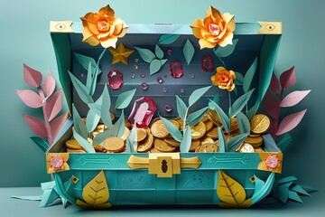 Illustration of a handcrafted paper treasure chest overflowing with colorful jewels and coins.