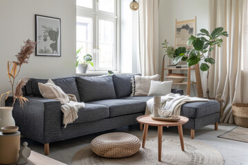 Living room with an anthracite grey sofa and wooden furniture. Generative AI