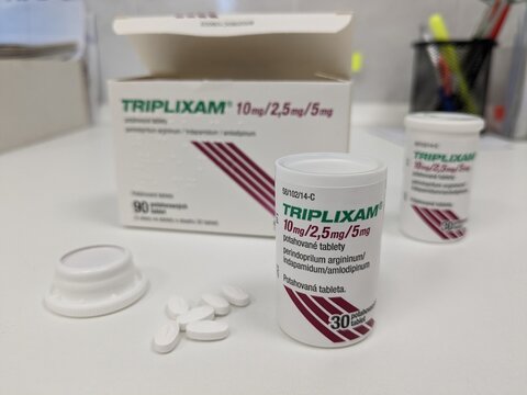 Prague,Czech republic-March 28 2024: box of TRIPLIXAM Czech medication with active substance combination Perindopril,Indapamid,Amlodipin, made by pharmaceutical company