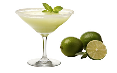A margarita glass filled with a lime-infused cocktail, garnished with fresh lime slices and a wedge on a clean white background