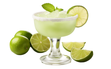 A vibrant margarita cocktail brimming with fresh limes and fragrant mints