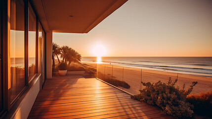 View sunset over sea from wooden deck glass barriers of modern coastal home
