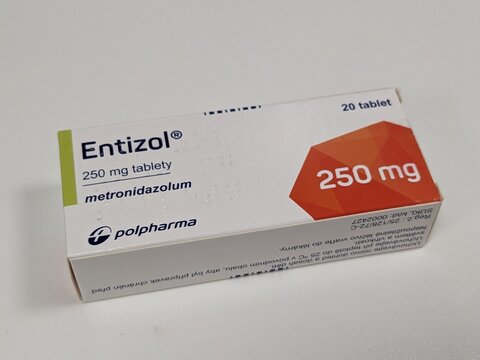 Prague,Czech republic- April 4 2024: ENTIZOL box of medication with active Metronidazolum substance made by pharmaceutical company Polpharma