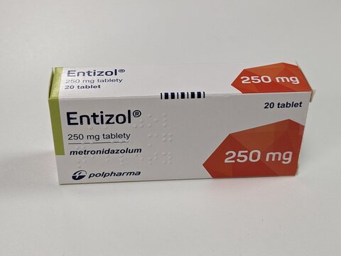 Prague,Czech republic- April 4 2024: ENTIZOL box of medication with active Metronidazolum substance made by pharmaceutical company Polpharma