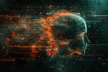 Panoramic digital illustration of a neural data stream, information flowing through a futuristic brain interface, merging human cognition with AI
