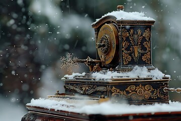 : A single snowflake landing on a giant, ornate music box, ready to unleash its melody.
