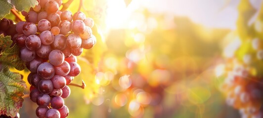 Red wine grapes on vine in summer vineyard on blurred vineyard background - obrazy, fototapety, plakaty