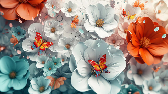 Abstract 3D flowers and butterflies converging in a stunning display on your wallpaper