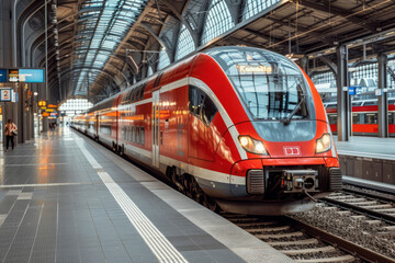 Fototapeta premium Train traveling through a train station next to a platform. Generative AI