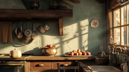 A quaint farmhouse kitchen with rustic wooden beams and a soft sage green wall. Sunlight streams through the window, illuminating a bowl of freshly picked apples on the counter. - obrazy, fototapety, plakaty