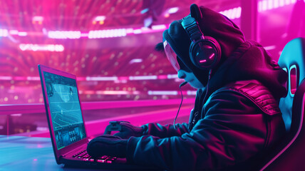 A panda gamer competing in an esports tournament on a laptop, with a futuristic stadium in the background against a cyberpunk pink setting.