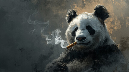 A suave panda in a sophisticated setting, cigar smoke against a mysterious slate gray wall.