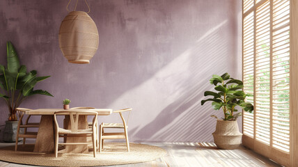 Experience the beauty of simplicity in a space with muted lavender walls, showcasing minimalist...