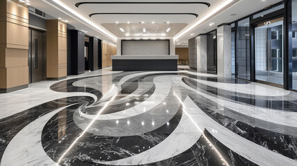 Flowing marble mosaic patterns creating a seamless transition between office zones
