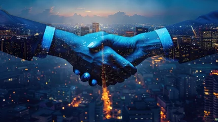 Keuken foto achterwand Double exposure of business handshake for successful of investment deal and city night background, teamwork and partnership concept. © Salar's arts