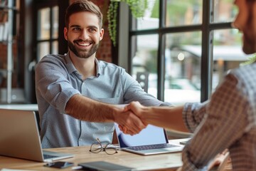 Smiling businessman shaking client hand, closing successful deal, sitting at table with laptop in office, satisfied hr manager hiring new employee, business partners handshaking at meeting  - obrazy, fototapety, plakaty
