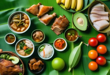 Exploring the Delights of a Filipino Feast with Sinigang, Lechon Kawali, and Chicken Adobo on Banana Lea - obrazy, fototapety, plakaty