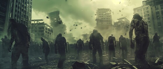 Horde of zombies dead walking in a destroyed city after infection with virus and end of the world of the alive people - obrazy, fototapety, plakaty