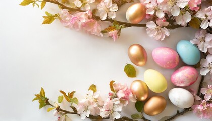 Fototapeta na wymiar easter decoration easter frame of pink flowers apple tree and colored easter eggs on white background with space for text top view flat lay