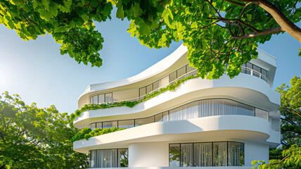 Architectural gem, a white house with fluid lines amidst a canopy of green, under a pristine morning sky, representing the zenith of modern living. - obrazy, fototapety, plakaty