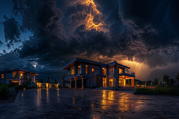 A panoramic shot capturing the brilliance of a modern home during a thunderstorm, with the dramatic contrast between the dark, stormy sky - obrazy, fototapety, plakaty