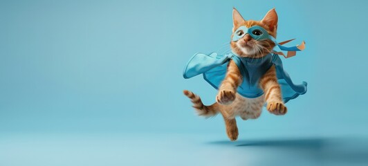 superhero cat, Cute orange tabby kitty with a blue cloak and mask jumping and flying on light blue background with copy space - obrazy, fototapety, plakaty