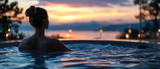 Woman enjoying a spa pool at twilight. Rest after hard working days