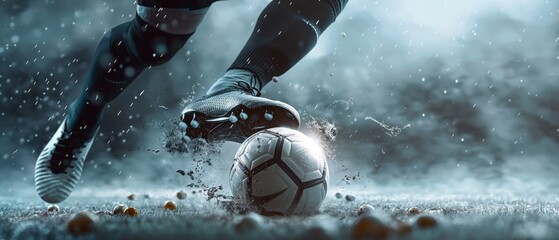 Side view of football boot kicking a soccer ball