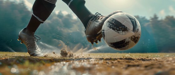 Side view of football boot kicking a soccer ball - obrazy, fototapety, plakaty