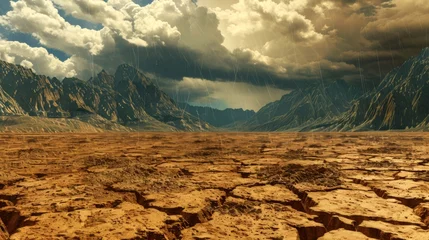 Poster Arid desert landscape with cracked earth and mountains in the distance. This image shows a barren desert landscape with cracked earth and mountains in the distance. The sky is dark and cloudy. © Helen-HD
