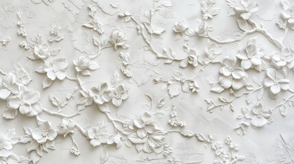 white wallpaper with floral pattern vintage, in the style of textured brushwork - obrazy, fototapety, plakaty