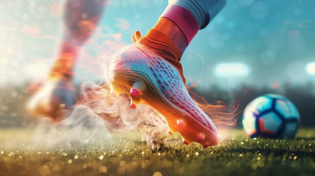 Side view of football boot kicking a soccer ball