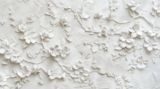 white wallpaper with floral pattern vintage, in the style of textured brushwork