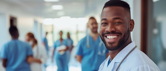 Fototapeta premium Smiling male nurse with colleagues in hospital corridor