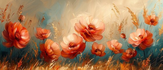 Flowers, the golden grain. Hand painted on canvas. Modern art. Wallpaper, posters, cards, murals, carpet, hanging, prints..
