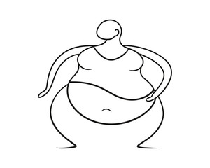 Fat woman continuous line art drawing vector illustration on white background