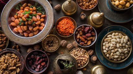 Sumptuous Spread Of Traditional Arabic Food Served During Ramadan Featuring Dates and Almonds