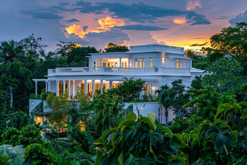 Luxurious white estate surrounded by lush foliage under a spellbinding sky at dusk, showcasing the intersection of nature and modern design.