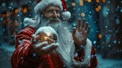 Fototapeta na wymiar A person dressed as Santa Claus holding a magic ball in the snowy season.