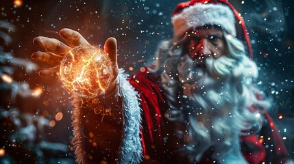 A fantasy photo of Santa Claus holding a magical glowing glass ball in winter.
