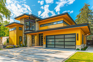 Opulent modern-style home, newly built, with a two-car garage, embraced by luxurious gold siding and enhanced with a natural stone wall trim.