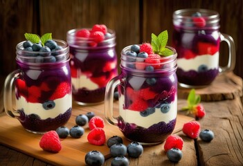 Blueberry and Raspberry Parfaits Served in Mason Jars on Rustic Wood Background - obrazy, fototapety, plakaty
