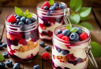 Blueberry and Raspberry Parfaits Served in Mason Jars on Rustic Wood Background - obrazy, fototapety, plakaty
