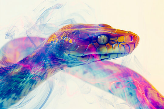 A colorful snake with a yellow head and blue body