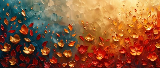 Artwork made of oil paint. Flowers and leaves. Sprinkle the paint on the paper. Shiny golden texture. Prints, wallpaper, posters, cards, murals, rugs, hangings, wall art, art posters. - obrazy, fototapety, plakaty