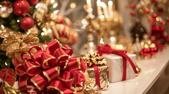 A Christmas-themed photo portrait with Christmas decorations and gifts. Festive photo of Christmas gifts on the table. An exclusive photo for a Christmas event.
