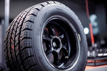 close-up of a car tire showcasing detailed tread patterns, mounted on a stylish black alloy wheel,...